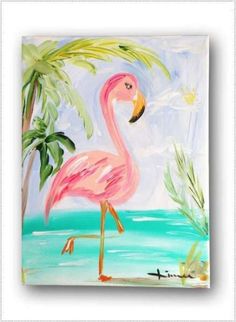 a painting of a pink flamingo standing on the beach with palm trees and water in the background