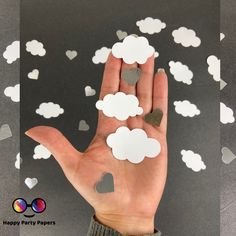 This decorative party confetti is perfect for any occasion and can also be used for scrapbooking. Perfect to decorate any table.  WHAT YOU'LL GET: - Hand made confetti, the clouds' color is doble-sided, the hearts are one sided color. - Quality: Confetti made on high quality 65lb colored cardstock. SHIPPING: The following are general shipping times as given by Canada Post. Please note that these times are not guarantees. - Canada: 2-6 Business Days - US: 10-15 Business Days - International: 4-14 On Cloud 9 Bachelorette, Travel Themed Baby Shower, Travel Baby Shower Theme, Happy Birthday Cat, Confetti Birthday Party, Grey Baby Shower, Party Confetti, Cat Birthday Card, Confetti Birthday