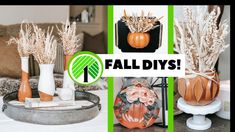 four different fall diys with pumpkins and flowers