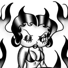 a black and white drawing of a girl with flames