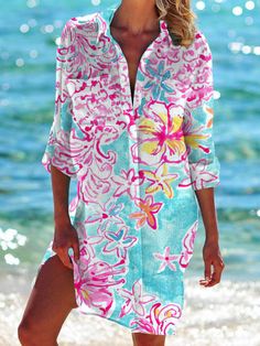 Floral Colorful Print Beach Shirt Dress Long Sleeve Mini Dress For Brunch During Beach Season, Holiday V-neck Floral Print Beach Dress, Printed Beach Dress For Spring Cover-up, Multicolor Beach Dress For Vacation Brunch, Colorful Spring Dresses For Beach Party, Casual Long Sleeve Dress For Beach Party, White Long Sleeve Vacation Dress, Long Sleeve Dress For Brunch On Vacation, Long Sleeve Summer Beach Dress