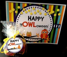 an owl themed birthday card and candy wrapper for someone's halloween party or baby shower