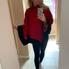 Nwt! Worn Once. Lambswool Blend Sweater Poncho In Red And Black. Lauren Ralph Lauren. Leather Straps Adjustable. S/M Size. Open To Reasonable Offers Black Wool Poncho For Fall, Wool Black Poncho For Fall, Red One-size Poncho Cape, Red Long Sleeve Poncho, One Size, Red One-size Cape Poncho, Red One Size Cape Poncho, Red Winter Cape One Size, Casual Red Long Sleeve Poncho, Oversized Red Poncho For Winter