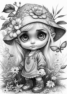 56 Cute darling young Gnome girl Coloring pages for Adults - Etsy Italia Girl Coloring Pages, Big Eyes Art, Coloring Pages For Adults, Desenho Tattoo, Coloring Pages For Girls, Digital Drawings