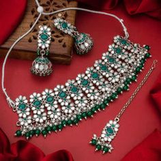 Silver Rodium Polish Green, Silver color Necklace in Metal Alloy studded with Kundan Green Necklace Set, Studded Choker, Oxidized Necklace, Silver Necklace Set, Utsav Fashion, Earring Sets, Color Necklace, Choker Necklace Set, Metal Necklace