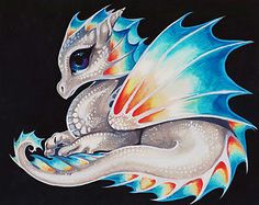 a painting of a white dragon with blue wings sitting on top of a black surface