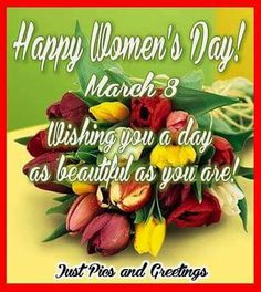 happy women's day card with tulips and flowers