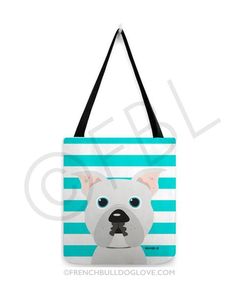 a blue and white tote bag with an image of a dog on it's face