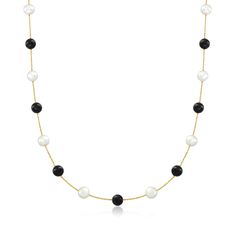 Ross-Simons - 6-7mm Cultured Pearl, Onyx Bead Station Necklace in 14kt Yellow Gold. 20". Our chic necklace displays a striking pattern of shimmery 6-7mm cultured freshwater pearls and 6-7mm round onyx beads, stationed along a glittering rope chain of 14kt yellow gold. Springring clasp, onyx and white pearl station necklace. Pearl birthstones are the perfect gift for June birthdays. Elegant Black Jewelry With 8mm Beads, Luxury Black Pearl Necklace With Round Beads, Elegant Single Strand Onyx Jewelry, Classic Black Round Beaded Jewelry, Classic Onyx Jewelry With Gemstone Beads, Luxury Black Single Strand Pearl Necklace, Classic Onyx Round Bead Jewelry, Classic Onyx Round Beads Jewelry, Elegant Onyx Necklace With Polished Beads