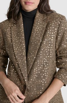 Dial up the shine of your outerwear rotation with this sequin-flecked blazer cut from a rich wool blend. One-button closure Notched lapels Front welt pockets 60% wool, 30% polyester, 10% other fibers Dry clean Imported Metallic Long Sleeve Blazer For Work, Tailored Glamorous Fall Outerwear, Winter Gold Single Breasted Blazer, Glamorous Tailored Fall Outerwear, Gold Single-breasted Winter Blazer, Glamorous Tailored Outerwear For Fall, Gold Single-breasted Blazer For Winter, Gold Single Breasted Blazer For Winter, Gold Single-breasted Blazer