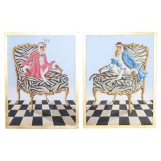 two pictures of santa and mrs claus sitting on an ornate chair with black and white checkered flooring