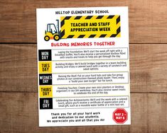 this is an image of a teacher and staff appreciation week flyer with construction equipment on it