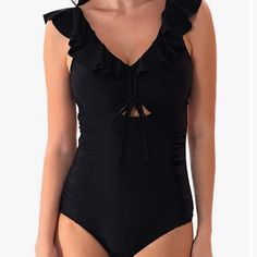 Yolipuli Monokini One Piece Swimsuit : Ruffled Shoulder With High Leg Cutout Bikini Bottoms, Shirring On Both Sides To Waist. This Unique Design Covers Your Shoulders And The Tummy Control Helps Keeps Curves Shapely. Brand New With Tags Size Large Color Black Smoke Free Environment Color And Size Sold Out Ruffled Tankini For Beach Parties, Ruffled Tankini For Party At Beach Season, Party Ruffle Tankini For Beach Season, Summer Swimwear With Ruched Ruffled Straps, Summer Ruched Swimwear With Ruffled Straps, Party Beachwear Tankini With Ruffles, Ruffled One Piece For Beach Party, Ruched Swimwear With Ruffled Straps For Pool, Fitted Swimwear With Ruffled Straps For Pool