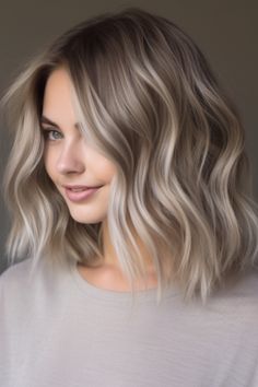 Achieve a relaxed and effortless look with an ash-blonde lob that has beachy waves. You can create these waves using a sea salt spray or a curling iron. Click here to check out more stunning lob haircuts (Long Bob) for right now. Wavy Blonde Balayage, Balayage Long Bob Blonde, Winter Blonde Medium Length, Lived In Blonde Lob, Cool Blonde Tones, Best Blonde For Graying Hair, Ash Blonde Hair Bob, Short Hair Babylights, Short Hair Ash Blonde