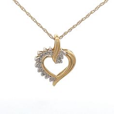 "Fancy Fluted Diamond Heart Pendant Necklace Charm -  Solid 14k Gold with Natural Diamonds  on 18\" Chain  -ET2010 Sparkly Diamond Heart - made from solid 14k yellow gold.  Complete with 18\" chain. Metal Content: Solid 14K Yellow Gold Gemstone: 12 Natural Genuine Round Brilliant Diamonds Carat: 0.16 ctw Clarity: SI2 Color: G/H Pendant Measurements Drop Length including the bail:  13/16\" (20mm) Width:  9/16\" (15mm) Bail opening: approximately 3mm x 2mm Includes 18\" 14k gold chain with spring ring clasp. Weight:  2.86 Grams Stamps: 14k Condition: Excellent estate condition Each piece is thoroughly examined and refinished as needed by our professional jewelers, tested to guarantee metal content,  graded by our in-house GIA (Gemological Institute of America) Graduate Gemologist, and inspec Heart-shaped Yellow Gold Necklace With Diamond Accents, Heart Pendant Necklace With Diamond Accents For Anniversary, Heart Pendant Necklaces With Diamond Accents For Anniversary, Yellow Gold Double Heart Jewelry With Diamond Accents, Yellow Gold Heart Pendant Necklace With Diamonds, 14k Gold Open Heart Necklace With Diamond Accents, Gold Diamond Necklace With Double Heart Design, Anniversary Diamond Necklace With Open Heart, Gold Double Heart Diamond Cut Necklace