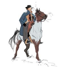 a drawing of a man riding on the back of a brown and white horse in snow