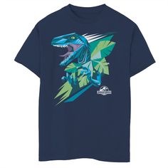 a blue t - shirt with an image of a dinosaur on it's chest