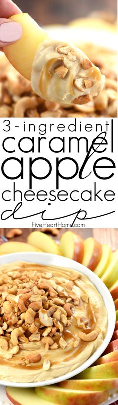 an image of apple cheesecake with almonds on top and in the background text overlay