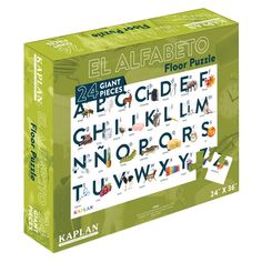 a puzzle box with letters and numbers on the front, including an image of animals