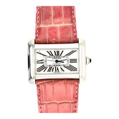 Cartier Automatic Vintage Stainless steel ref. 2612 Divan ser. 1030*** / all original parts / pink leather strap (fits 6.5-8 inch wrist) / 38mm (width) x 30mm (height) dial / 8.3mm thick.   Pre-Owned Cartier Divan ref. 2612 watch with stainless steel case and leather strap.   Good condition with all original Cartier parts and movement.  Watch Model Details:  ✔ Reference Number: 2612 ✔ Serial Number: 1030**** ✔ Movement Type: Automatic ✔ Brand: Cartier ✔ Model: Divan ✔ Condition: Pre-Owned very g Gucci Bracelet, Vintage Bangle Bracelets, Vintage Watches Women, Cartier Tank, Cartier Watch, Gold Bangle Bracelet, Women Wrist Watch, Pink Leather, Watch Model