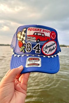 Blue Trucker Hats, Trucker Hat Pins, Patch Hat Ideas, Patch Trucker Hat, Trucker Hats With Patches, Hat With Patches, Hat Business, Blue Trucker Hat, Hat Bar