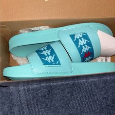 Brand New Never Worn Casual Flat Turquoise Sandals, Casual Turquoise Synthetic Sandals, Casual Turquoise Flat Sandals, Casual Turquoise Slip-on Sandals, Kappa Slides, Kappa Shoes, Red Trench Coat, Black Slippers, Swim Shoes