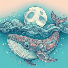 a drawing of a whale with the moon in the background