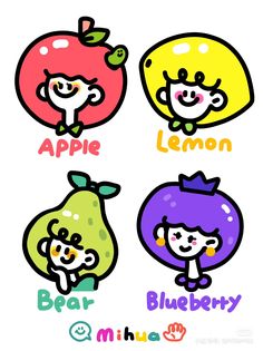 four different cartoon characters with the words apple, lemon, bear, and blueberry