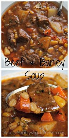 beef and barley soup in a white bowl with a ladle full of stew, ready to be eaten