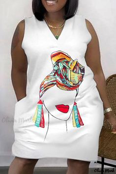 Olivia Mark - Plus Size Womens Sleeveless V-Neck Printed Patchwork Dress - a trendy fashion choice for the modern woman. White Sleeveless Dress With Graphic Print, Plus Size Fashion For Women Summer, Elegant Clothing, Elegante Y Chic, White Fashion Casual, Bamboo House, Dress Sleeve Styles, Clothing Summer, Straight Dress