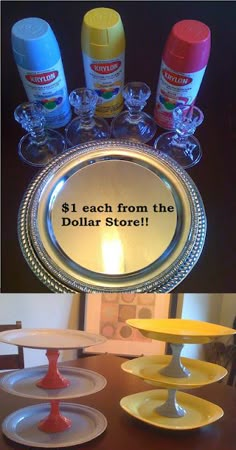 the dollar store sign is displayed in front of several plates and cups with candles on them