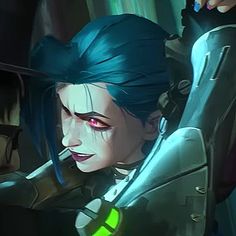 a woman with blue hair and green eyes in a futuristic suit looking at the camera