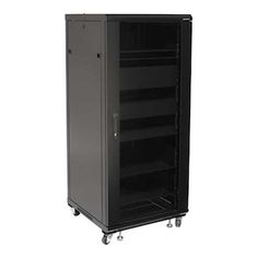 a black storage cabinet with wheels and shelves on each side, in front of a white background