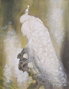 a painting of a white peacock on a branch with leaves and flowers in the background