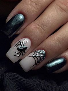 dark chrome nails with spider webs Spider Acrylic Nails, Spider Web Nails, Egg Nails, Sqaure Nails, Spider Nails, Web Nails, Foil Nail Designs, Crackle Nails, Color Block Nails