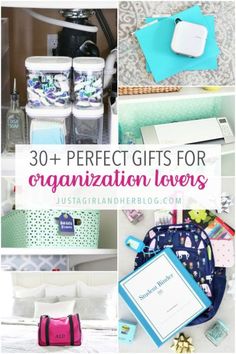 the words, 30 + perfect gifts for organization lovers are shown in this collage