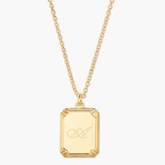 This beautiful Presley Pendant is the perfect way to show your personal style. Crafted from 14k gold, it can be engraved with a special message to add a unique personal touch. Let this timeless pendant make every day a little more special. Available in 14k gold plated Pendant measures 5/8"x1/2" 18" oval cable chain with 2" extender Lobster claw closure Protected with an anti-tarnish barrier With engraving this item is FINAL SALE SKU: BYN1419 Elegant Rectangular Pendant Charm Necklace As Gift, Elegant Rectangular Pendant Charm Necklace For Gift, Elegant Charm Necklace With Rectangular Pendant For Gift, Elegant Gold-tone Charm Necklace With Initial Pendant, Classic Rectangular Jewelry For Personalized Gifts, Classic Pendant Charm Necklace With Polished Finish, Classic Rose Gold Plated Charm Necklaces, Classic Pendant Charm Necklace For Mother's Day, Classic Gold Charm Necklaces With Polished Finish