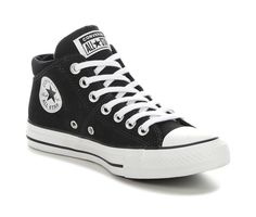 Give your wardrobe a new infusion of fun with these Converse® Madison Mid Sneakers. In this new twist on a classic favorite, you'll rock standout style with the lightly textured fabric upper. The contrasting colors will give you that added pop of style to help set off all your favorite casual styles. All Star branding details,Classic rubber toe cap and textured toe bumper,Cushioned footbed,Lace-up closure for a secure fit,Vulcanized midsole with sidewall trim,Rubber traction outsole,Soft canvas Converse Mid Tops, All Stars Converse, Black Converse, Top Sneakers Women, Mid Top Sneakers, Mid Top, Outfits With Converse, Womens Converse, Shoe Carnival