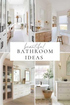 the bathroom is decorated in white and has lots of natural wood accents, including cabinets