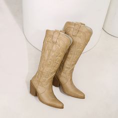 Shop Khaki Embroidered Western Cowgirl Boots Pointed Toe Block Heel Knee High Boots color Khaki for Music Festival, Night Club, Party with worldwide Free shipping & Free return. Western High Heel Knee-high Boots, Embroidered Mid-calf Boots With Round Toe For Fall, Knee-high Boots With Round Toe For Western-themed Spring Events, Round Toe Knee-high Boots For Western-themed Events In Spring, Knee-high Round Toe Boots For Western-themed Events In Spring, Winter Western-themed Mid-calf Boots With Round Toe, Winter Mid-calf Boots For Western-themed Events, Winter Mid-calf Boots With Round Toe For Western-themed Events, Winter Round Toe Heeled Boots For Western-themed Events