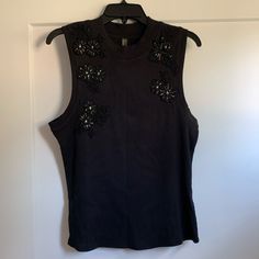 Anthropologie Beaded Appliqu Tank- Black, Size L Black Sleeveless Embellished Tops, Black Embellished Sleeveless Tops, Sleeveless Embellished Tops For Night Out, Black Beaded Top For Night Out, Elegant Beaded Black Tops, Elegant Black Beaded Top, Spring Embellished Black Top, Black Embellished Spring Top, Black Embellished Top For Spring