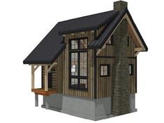 a small wooden cabin with a porch and windows