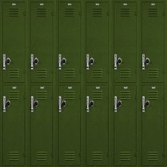 several rows of green lockers with black doors