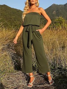 Women's Casual Off Shoulder Solid Color Strapless Belted Wide Leg Jumpsuit Romper Wide Leg Jumpsuit Outfit, Off The Should Dress, Stretch Jumpsuit, Jumpsuit Elegant, Essential Dress, Strapless Jumpsuit, Backless Design, Long Jumpsuits, Wide Pants