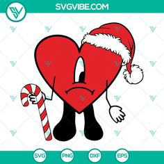 a heart with a santa hat holding a candy cane