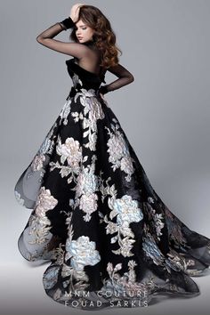 Printed Wedding Dress, Floral Evening Dress, Fouad Sarkis, Evening Dress With Sleeves, Mnm Couture, Couture Evening Dress, Long Sleeve Prom, Black Dress Formal, Floral Gown