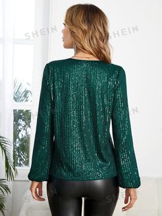 Color:Dark Green \nStyle:Party \nSleeve Type:Bishop Sleeve \nNeckline:V neck \nType:Top \nPattern Type:Plain \nSleeve Length:Long Sleeve \nLength:Regular \nFit Type:Regular Fit \nFabric:Non-Stretch \nMaterial:Woven Fabric \nComposition:100% Polyester \nCare Instructions:Hand wash,do not dry clean \nSheer:No \nLining:100% Polyester \n Sparkly Top Outfit, Sequin Blouse, Green Sequins, Stretch Top, Fashion Attire, Women Blouses, Plus Size Kleidung, Lantern Sleeve, Solid Tops