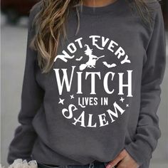 Halloween Witch Print Sweatshirt, Casual Long Sleeve Crew Neck Sweatshirt, Women Gray Sweater With Graphic Print For Fall, Gray Slogan Sweatshirt For Fall, Gray Text Print T-shirt For Fall, Gray Crew Neck T-shirt For Fall, Gray Letter Print T-shirt For Winter, Gray Letter Print Sweater For Fall, Gray Letter Print Sweatshirt For Fall, Casual Gray Tops For Halloween, Gray Cotton Top For Halloween