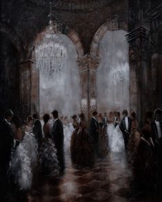 an oil painting of people in formal wear at a wedding reception with chandeliers hanging from the ceiling