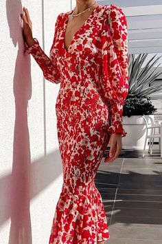 Flamenco Style Dress, Mode Prints, Gaun Fashion, Fishtail Dress, Elegant Party Dresses, Womens Fall Dress, Long Sleeve Evening Dresses, Form Fitting Dress, Long Sleeve Print Dress